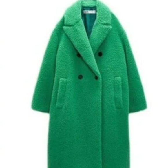 ZARA Green Teddy Fur Double-Breasted Coat Pockets - Size Small - Picture 1 of 10